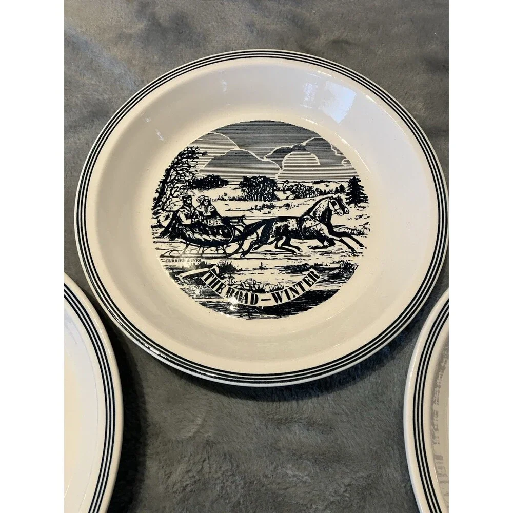 3 Vtg Currier & Ives The Road-Winter Pie Plate 10